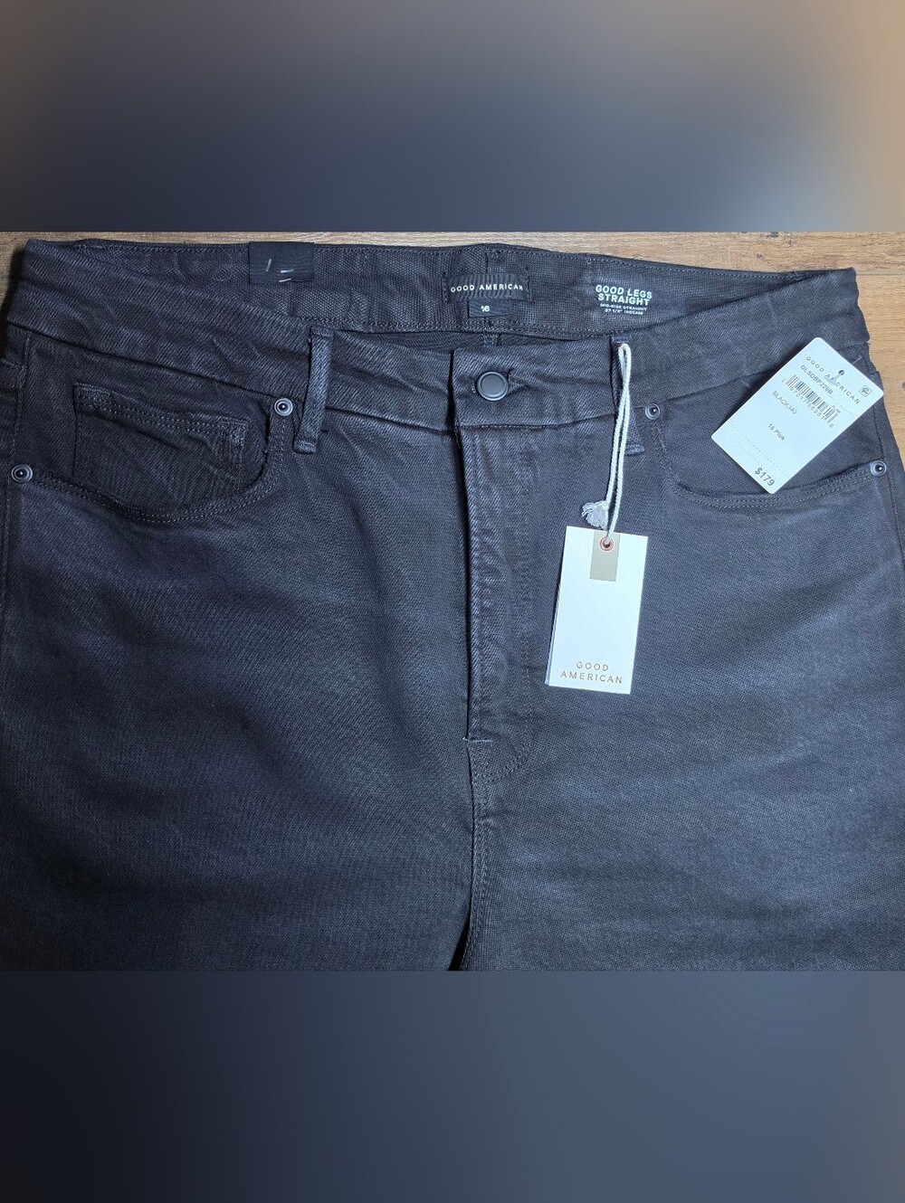 Good American Good Legs Straight Jeans Black NWT Size 16 Plus Mid Rise Raw Hem - Picture 4 of 6